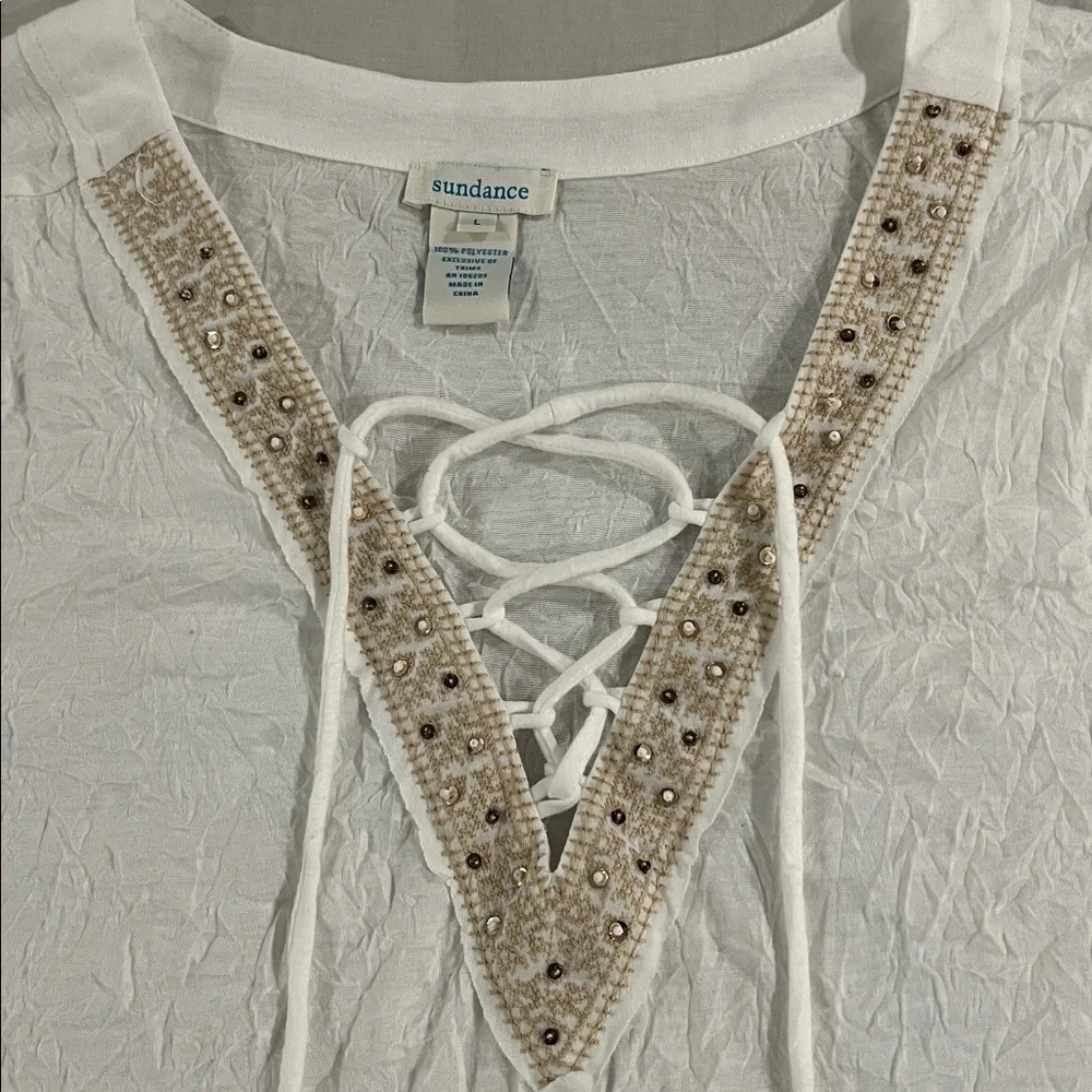 SUNDANCE Legacy Lace-Up V-Neck Crinkle Embroidered White Long Sleeve Breezy Top - Picture 4 of 7